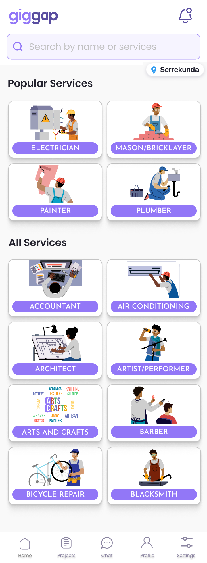 GigGap app, popular services